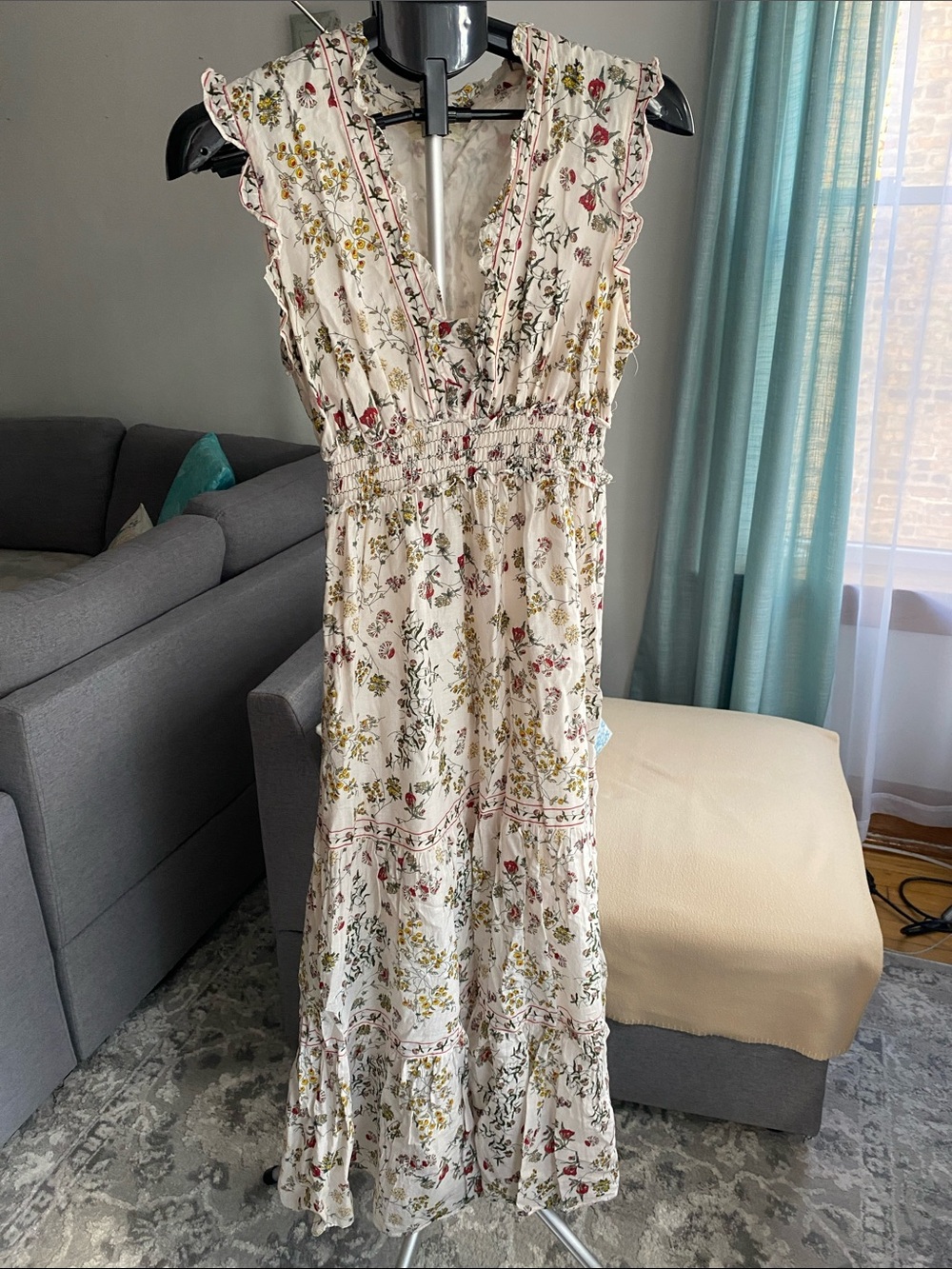 Max Studio Floral Ruffle V-Neck Maxi Dress - Cream